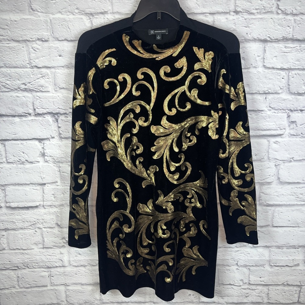 INC International Concept Whimsigoth Black Velvet & Gold Sequin Sweater Dress XL